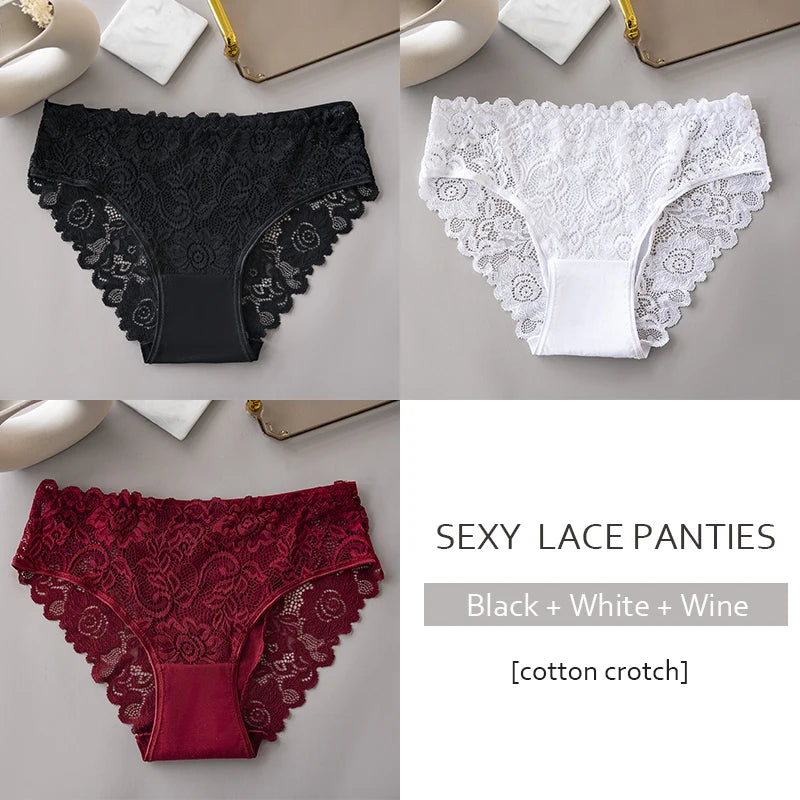 Women’s Lace Briefs 3‑Pack – Floral Embroidery, Mid‑Rise - 3KDyn